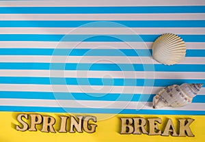 Spring break text, flat lay on a striped blue and yellow background, seashells with a copy of space, travel concept