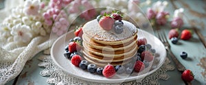 Spring brunch delight with pancakes and fresh berries set on a rustic table.