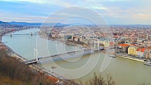 Spring Budapest, skyline panorama, dusk, Danube, bridges across the river