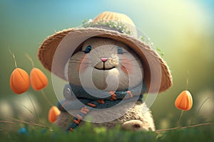 The Spring Bunny, baby rabbit wearing a hat in a spring setup, representing nature rejuvenation and the coming of spring. Ai