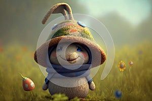 The Spring Bunny, baby rabbit wearing a hat in a spring setup, representing nature rejuvenation and the coming of spring. Ai