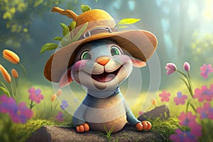 The Spring Bunny, baby rabbit wearing a hat in a spring setup, representing nature rejuvenation and the coming of spring. Ai