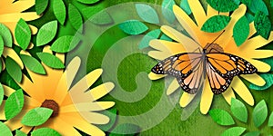 Spring Butterfly with flowers and leaves background graphic