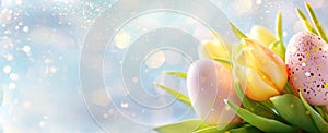 Spring calm Serene composition of tulips and Easter eggs ,pastel background . Template, layout for Easter holiday card