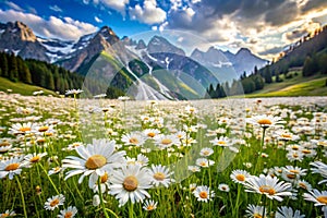 Spring Camomile Meadow in Mountain Landscape Nature Scene photo