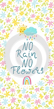 Spring card banner lettering. No rain, no flowers. Vertical composition against a background of small flowers. Cute