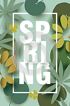 Spring card with different elements of plants in shades of green.