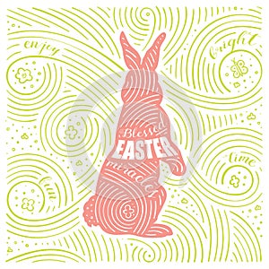 Spring Card. The Lettering - Blessed Easter Miracles. Easter Design with Rabbit. Handwritten Swirl Pattern.