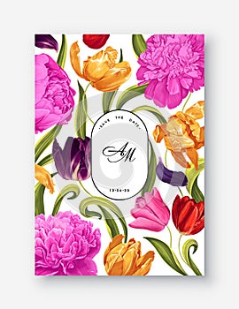 Spring card template with colorful flowers of tulips and peonies.