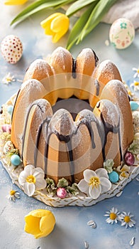 Spring celebration Babovka cake adorned with Easter tulips and eggs