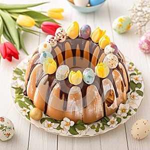 Spring celebration Babovka cake adorned with Easter tulips and eggs