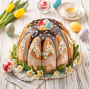 Spring celebration Babovka cake adorned with Easter tulips and eggs