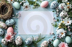 Spring Celebration With Decorative Easter Eggs and Cherry Blossoms on Blue Background