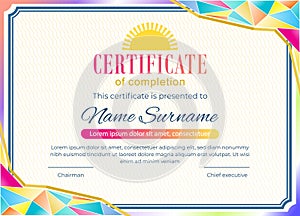 Spring certificate blank. Colorful triangles in corners of blank. Thin simple frame and sign of Sun vector illustration.
