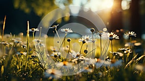 Spring chamomile wildflower clearing with green grass and soft blurred background