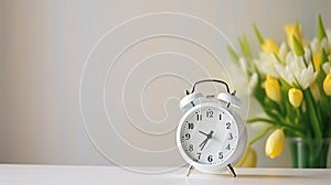 Spring change, Daylight Saving Time concept. White alarm clock and flowers on the wooden table. Copy space