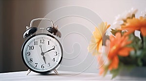 Spring change, Daylight Saving Time concept. White alarm clock and flowers on the wooden table. Copy space