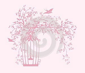 Spring cherry blossom branches with bird cage and flying swallows vector silhouette