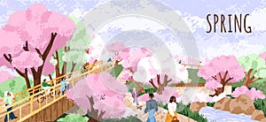 Spring cherry blossom. Japan park landscape background. Blooming floral trees, lush pink flowers, sakura in nature