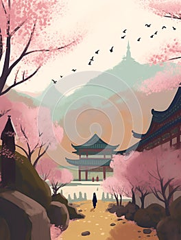 Spring cherry blossom trees. Park scene, asian illustration. Created with generative AI technology