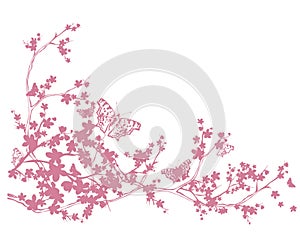 Spring cherry tree blossom and butterflies silhouette