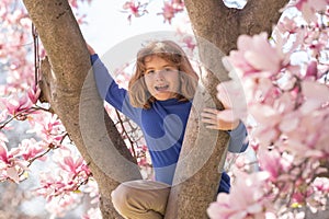 The spring. Child in spring garden. Kid under a blossom flowering tree. Kid in blossom park. Child play in Spring garden