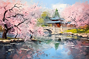 Spring Chinese garden. Oil painting in impressionism style. Horizontal composition