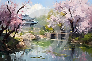 Spring Chinese garden. Oil painting in impressionism style. Horizontal composition