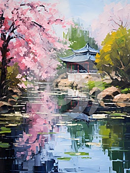 Spring Chinese garden. Oil painting in impressionism style. Vertical composition