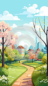 Spring city sunny morning, blossom trees. Vector illustration