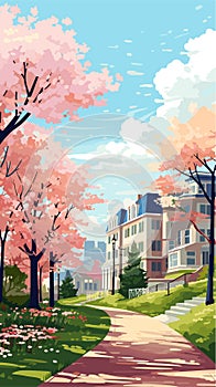 Spring city sunny morning, blossom trees. Vector illustration