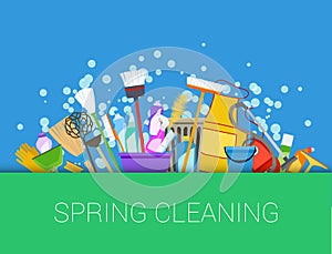 Spring cleaning background. Set of cleaning supplies