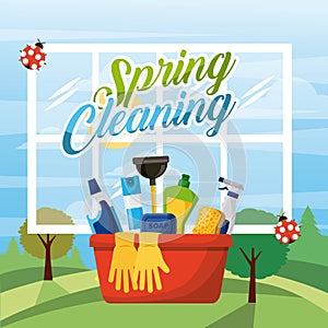 Spring cleaning bucket equipment with window and landscape background