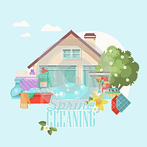 Spring cleaning. Cleaning service 24 hours vector illustration in modern flat design.