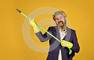 spring cleaning. cleaning service people. mature male worker with broom clean. Male Janitor Cleaning With Broom