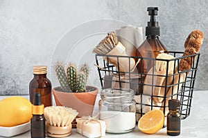 Spring Cleaning concept. Bamboo brushes and natural products for eco cleaning. Zero waste eco friendly cleaning concept
