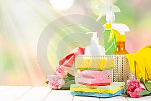 Spring cleaning concept - cleaning products, gloves