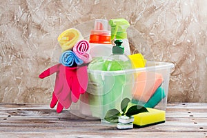 Spring cleaning of house. Cleaning supplies set