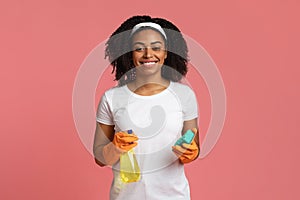 Spring Cleaning. Positive African American Woman Posing With Household Tools In Hands