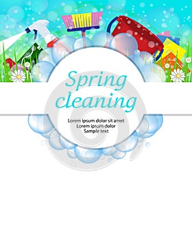 Spring cleaning service concept. Tools for cleanliness and disinfection. Soap bubbles frame. Vector photo