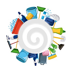 Spring cleaning supplies round frame tools of housecleaning background photo