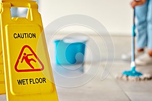 Spring cleaning, wet or floor with mopping sign on home or office building in hygiene maintenance, healthcare or