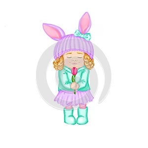 Spring clip art cartoon girl in hat with ears and curly hair like bunny or rabbit For spring greeting card, seasonal promo banner