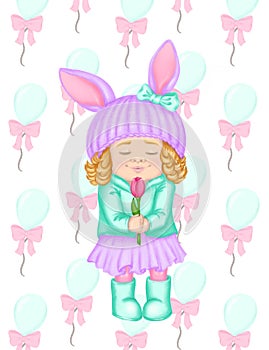 Spring clip art cartoon girl in hat with ears and curly hair like bunny or rabbit For spring greeting card, seasonal promo banner