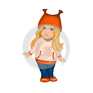 Spring clip art cartoon girl in hat with ears and long blonde hair like squirrel For spring greeting card, seasonal promo banner,