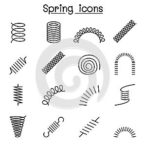 Spring, coil and absorber icon set in thin line style