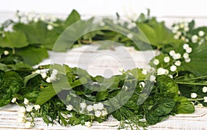 Spring collection of medicinal herbs.A wreath of Lily of the valley flowers with other medicinal plants on a wooden white table