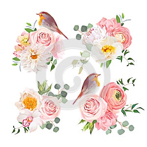 Spring colorful bouquets and cute robin birds vector design objects.