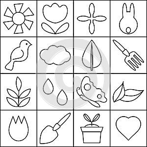 Spring. Coloring page for children. Graphic Vector composition of squares