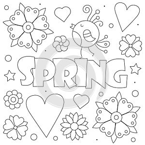 Spring. Coloring page. Vector illustration of a bird and flowers.